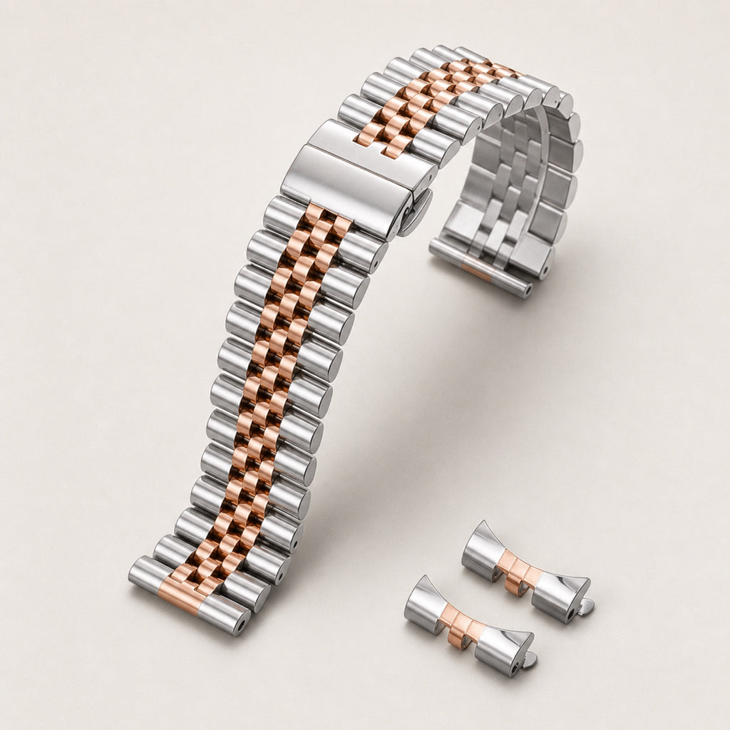 Bracelet acier massif cinq rangs — finition acier et or rose — Maison Noirmont
