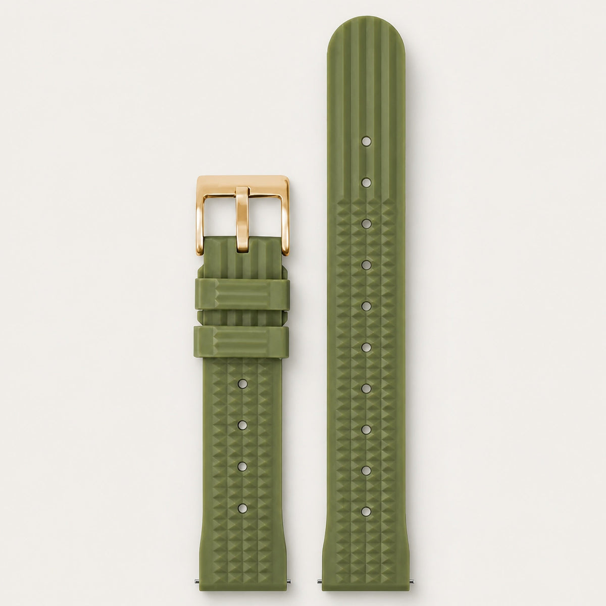 Bracelet caoutchouc gaufré — vert kaki, motif gaufré et boucle ardillon dorée — Maison Noirmont