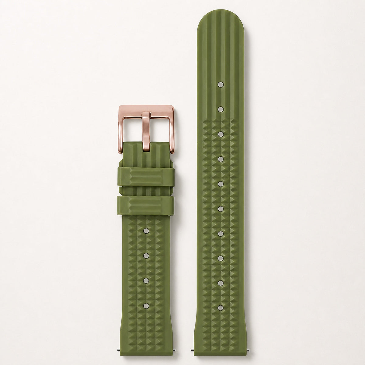 Bracelet caoutchouc gaufré — vert kaki, motif gaufré et boucle ardillon or rose — Maison Noirmont