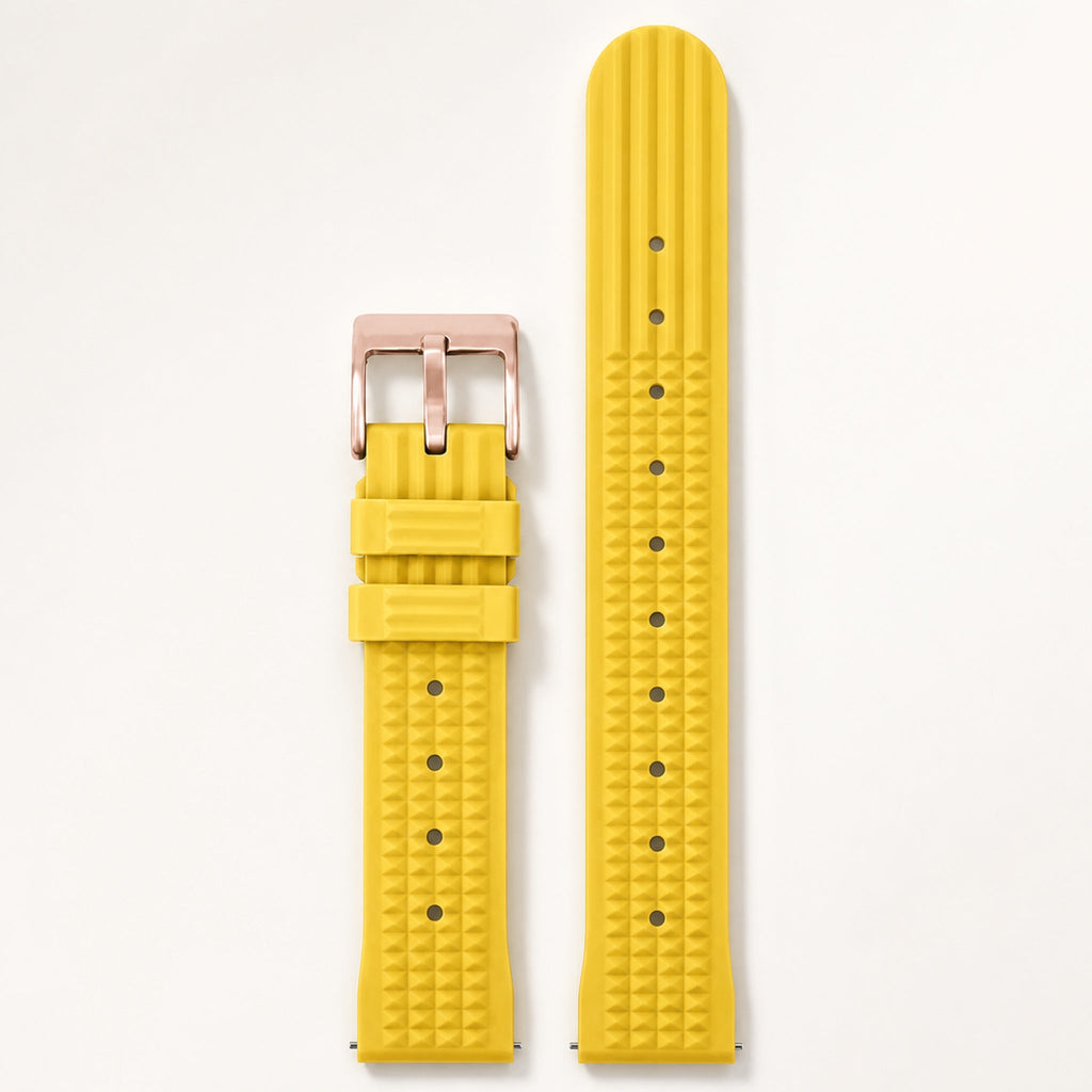 Bracelet caoutchouc gaufré — jaune, motif gaufré et boucle ardillon or rose — Maison Noirmont