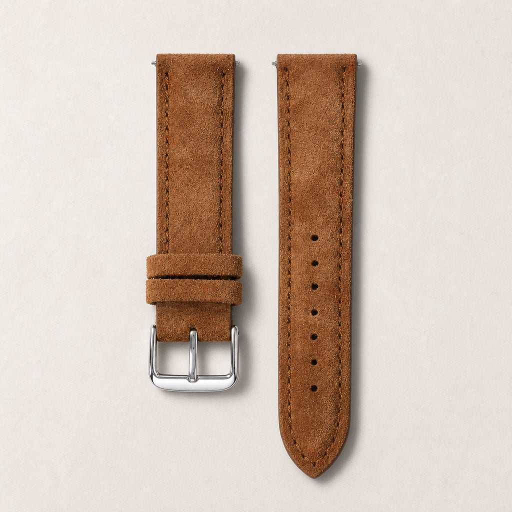 Bracelet cuir daim brun, boucle argentée — Maison Noirmont