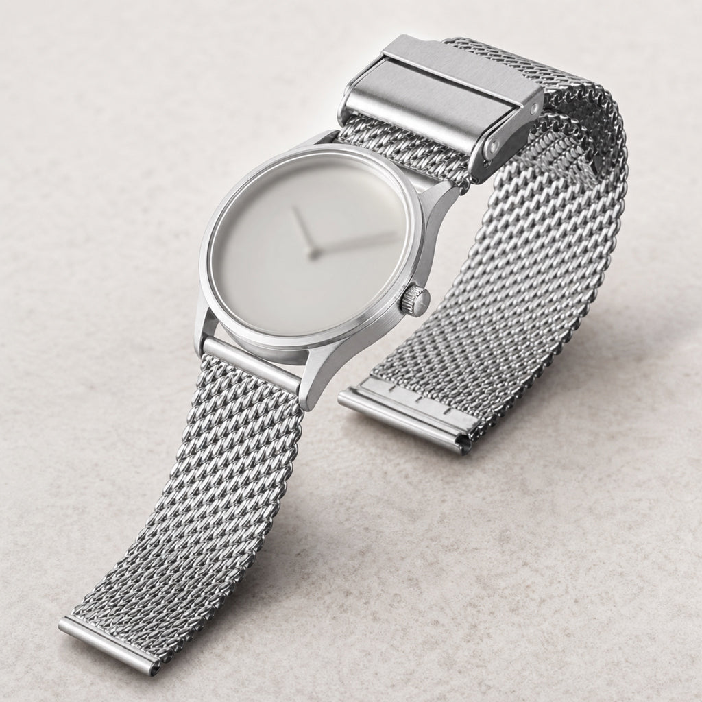 Bracelet milanais maille italienne — monté sur une montre acier, en situation — Maison Noirmont