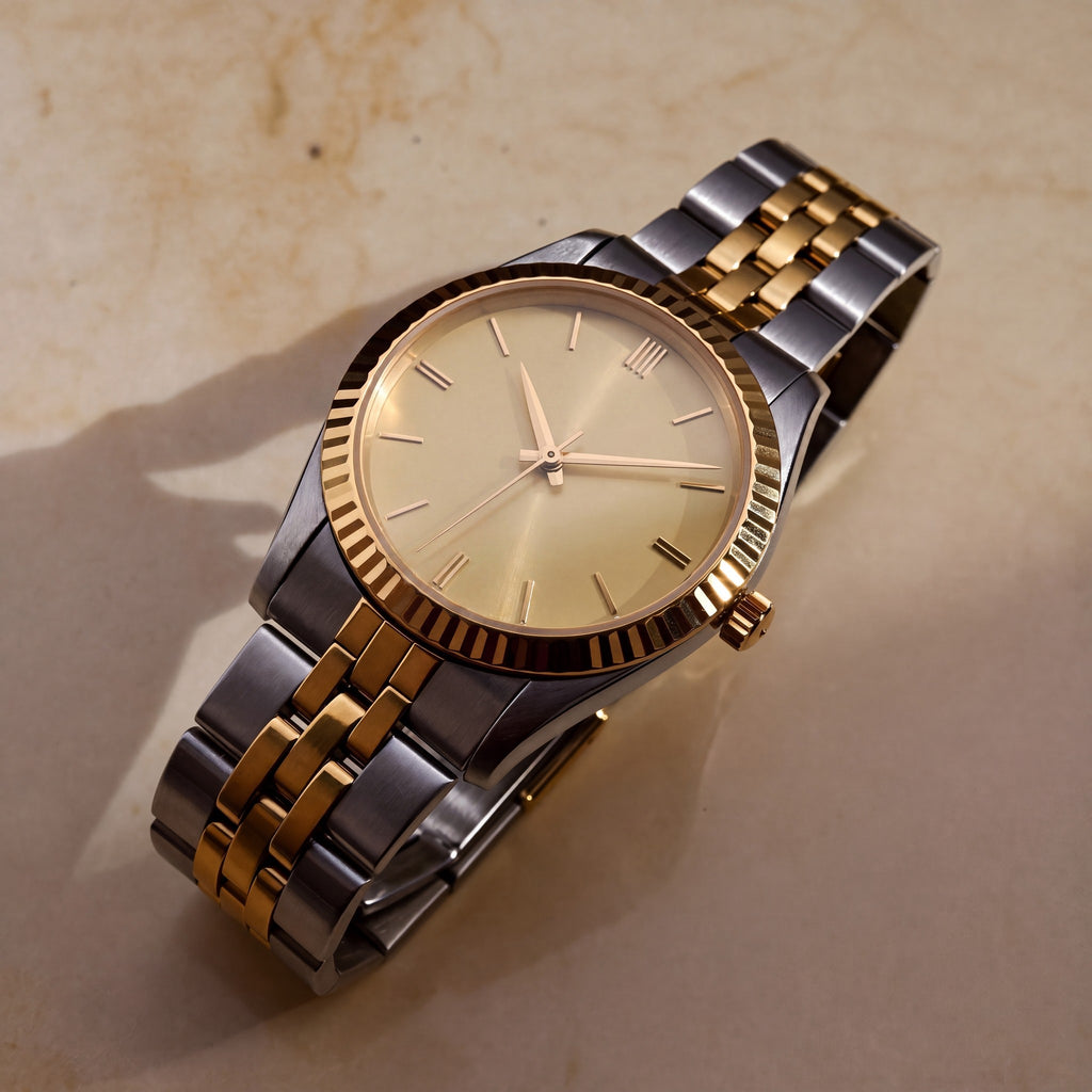 Trente-Neuf Duo Doré — vue de face, cadran champagne soleillé, lunette cannelée dorée et bracelet cinq rangs acier et or — Maison Noirmont