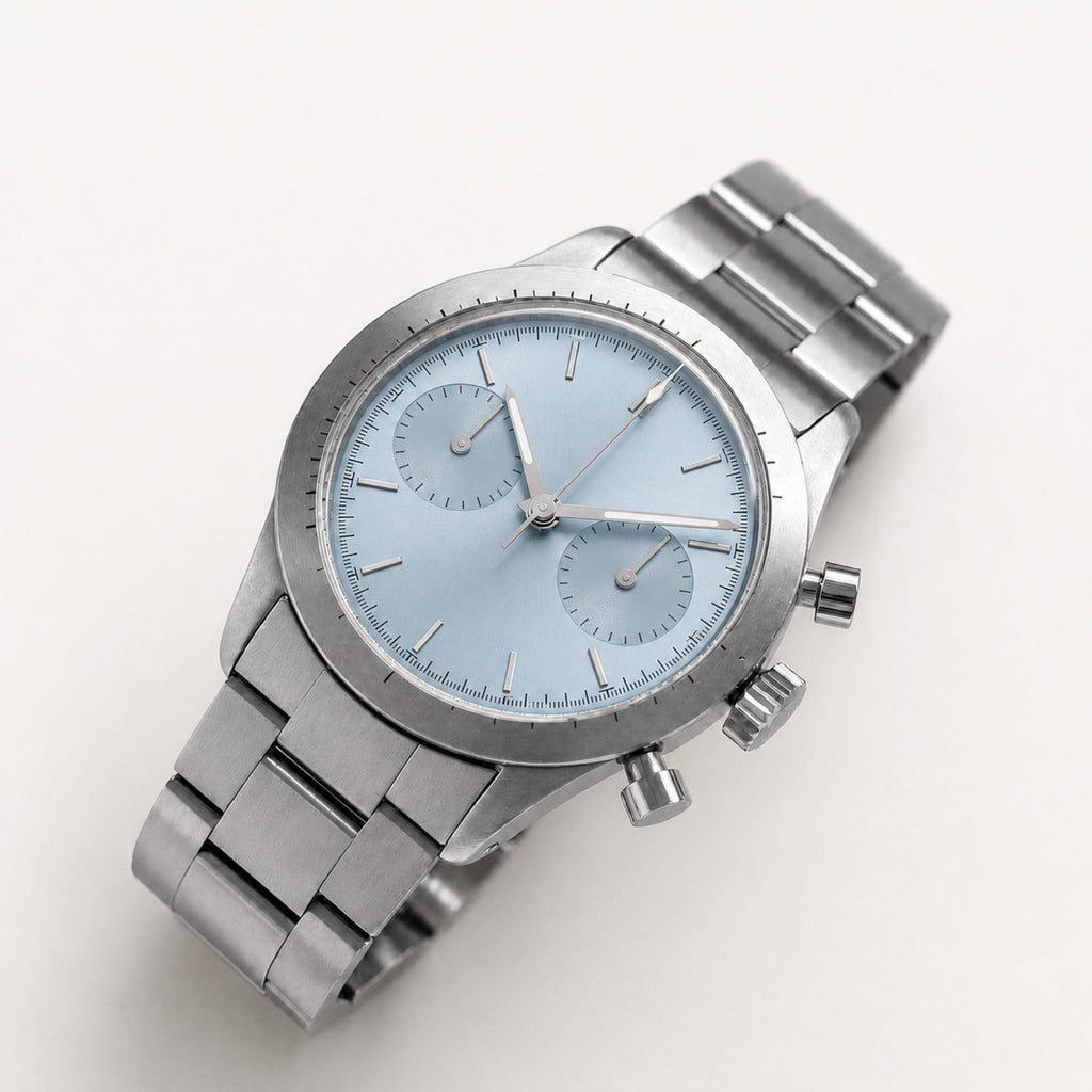 Contre-la-montre — Chronographe panda — Bleu glacier — Maison Noirmont