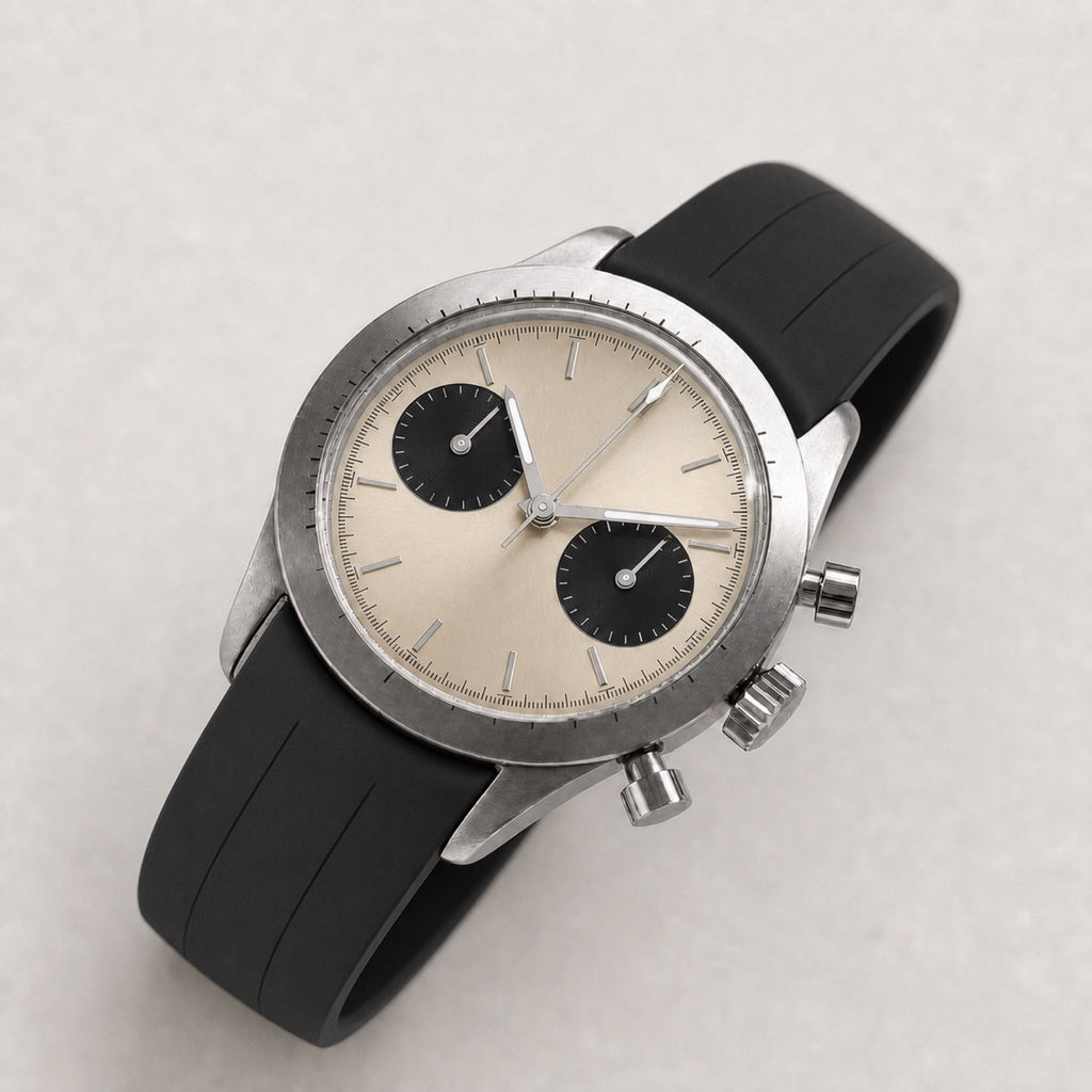 Contre-la-montre — Chronographe panda — Champagne · bracelet caoutchouc — Maison Noirmont