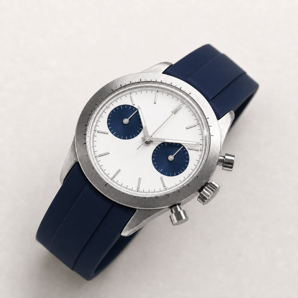 Contre-la-montre — Chronographe panda — Compteurs bleus · bracelet bleu — Maison Noirmont