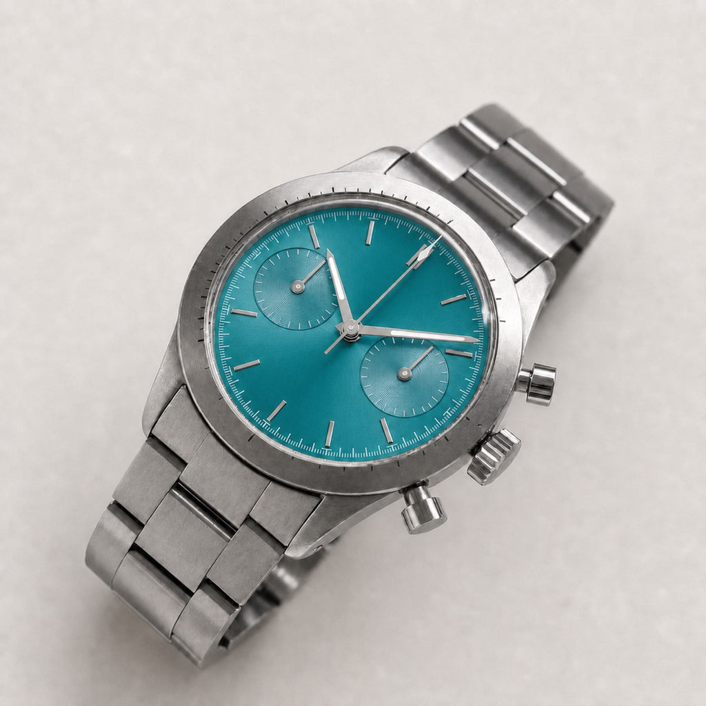 Contre-la-montre — Chronographe panda — Turquoise ton sur ton — Maison Noirmont