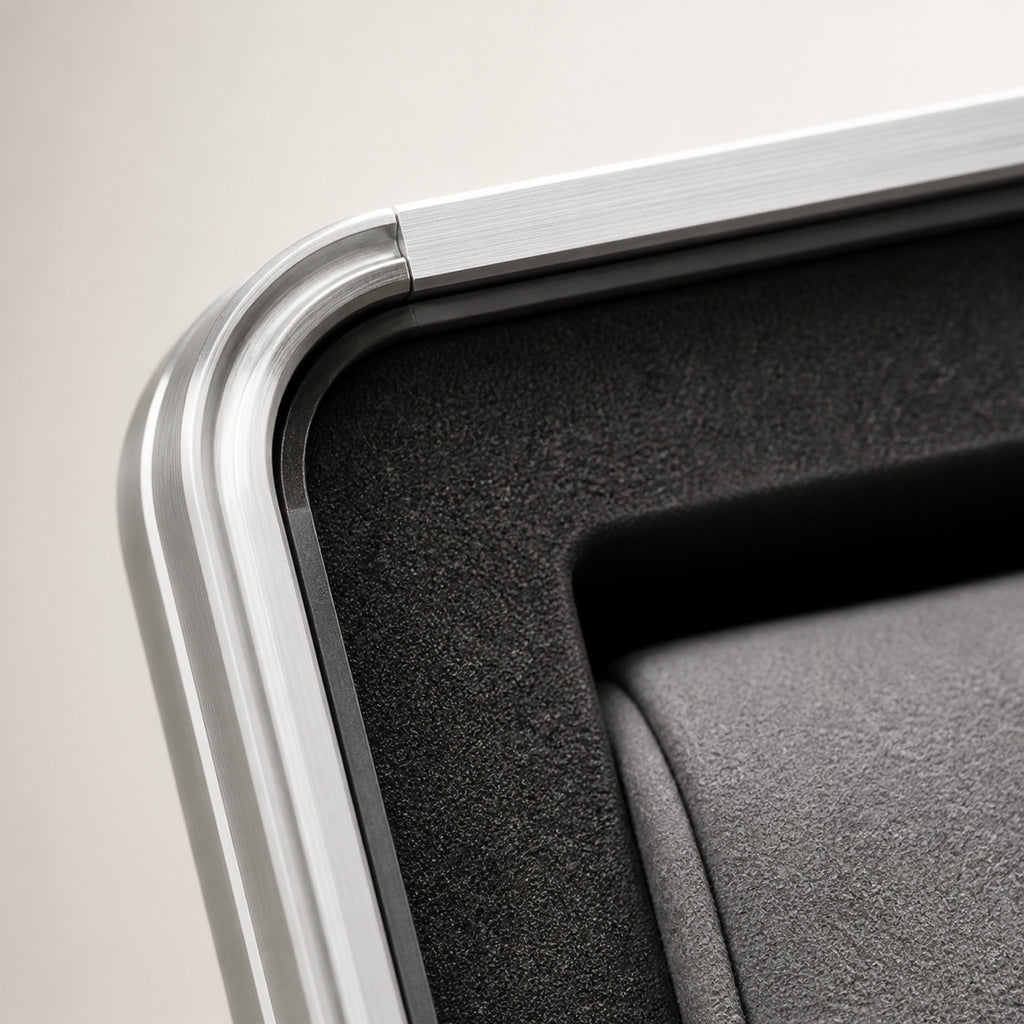 Coffret Douze — macro de l'angle : profil en aluminium brossé à arrête arrondie, insert intérieur noir texturé et bord d'un coussin gris — Maison Noirmont