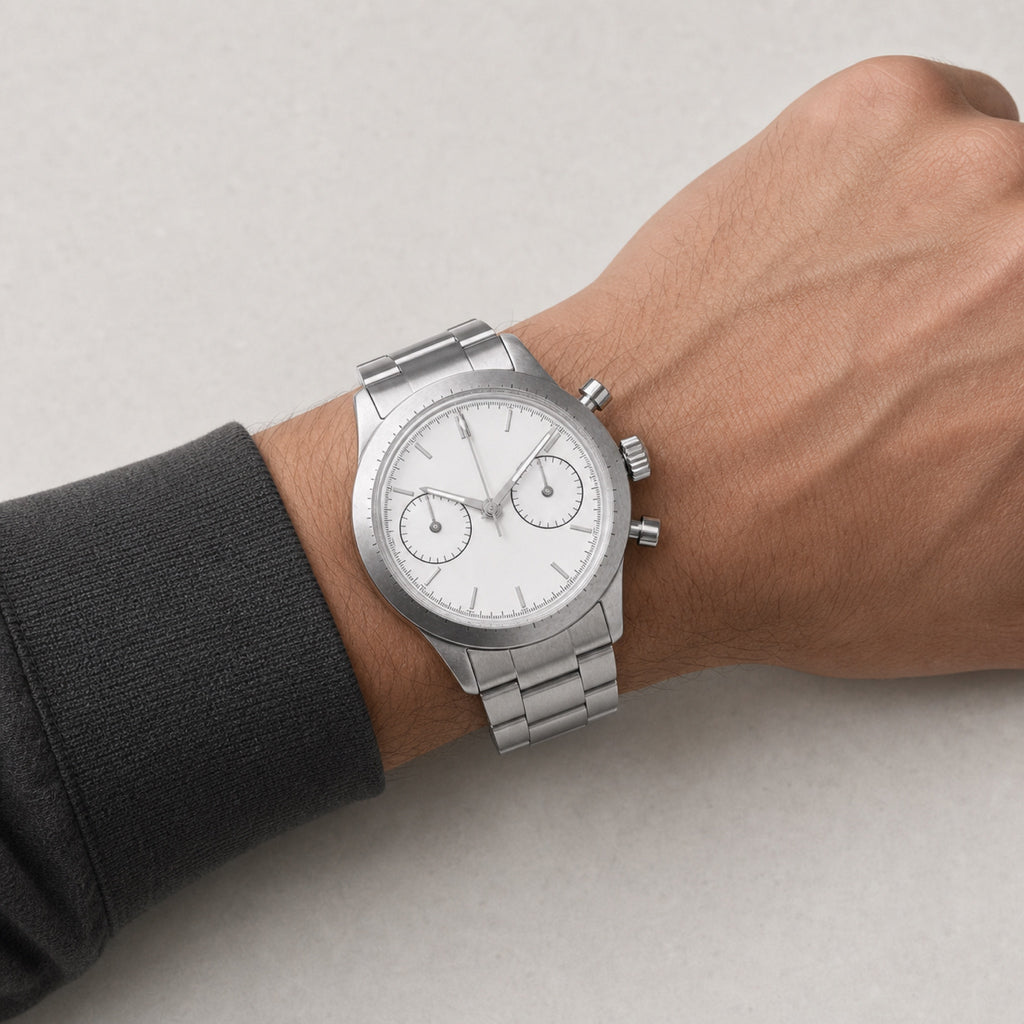 Contre-la-montre Blanc — Chronographe — au poignet — Maison Noirmont