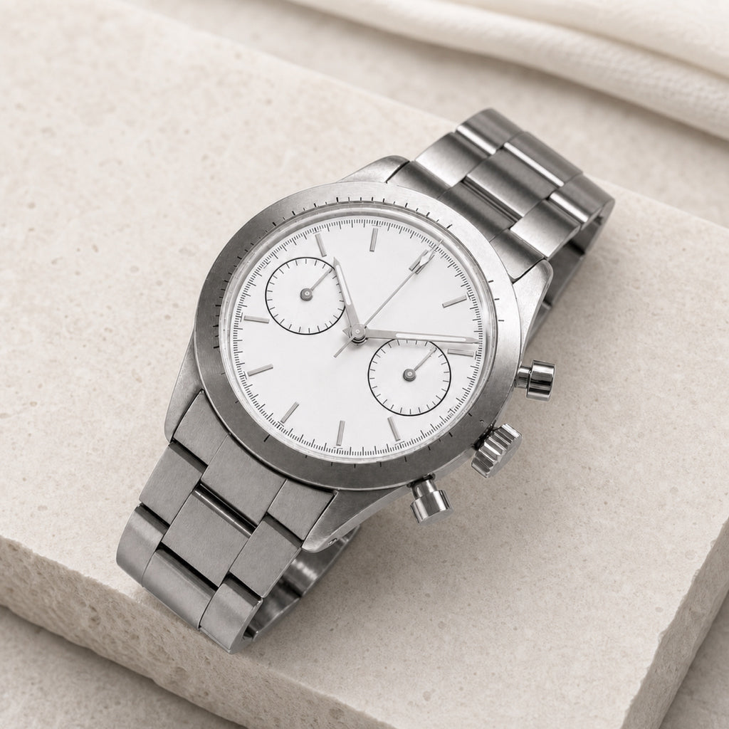 Contre-la-montre Blanc — Chronographe — en situation — Maison Noirmont