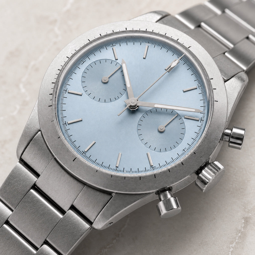 Contre-la-montre Bleu glacier — Chronographe — macro — Maison Noirmont