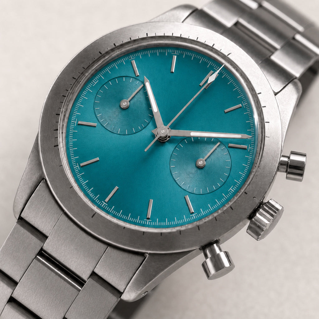 Contre-la-montre Turquoise — Chronographe — macro — Maison Noirmont