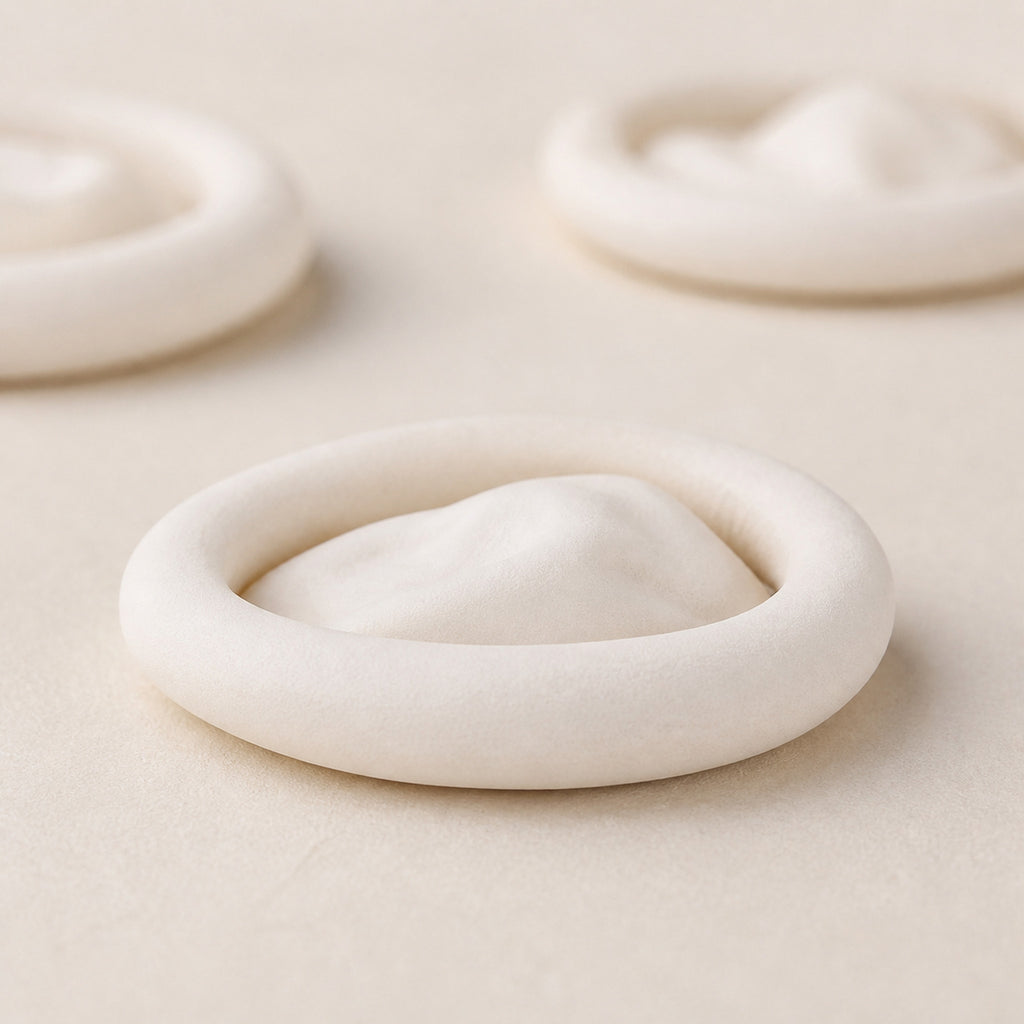 Doigtiers d'horloger — macro d'un doigtier en latex blanc cassé mat, conservé roulé sur son bourrelet, deux autres en arrière-plan — Maison Noirmont