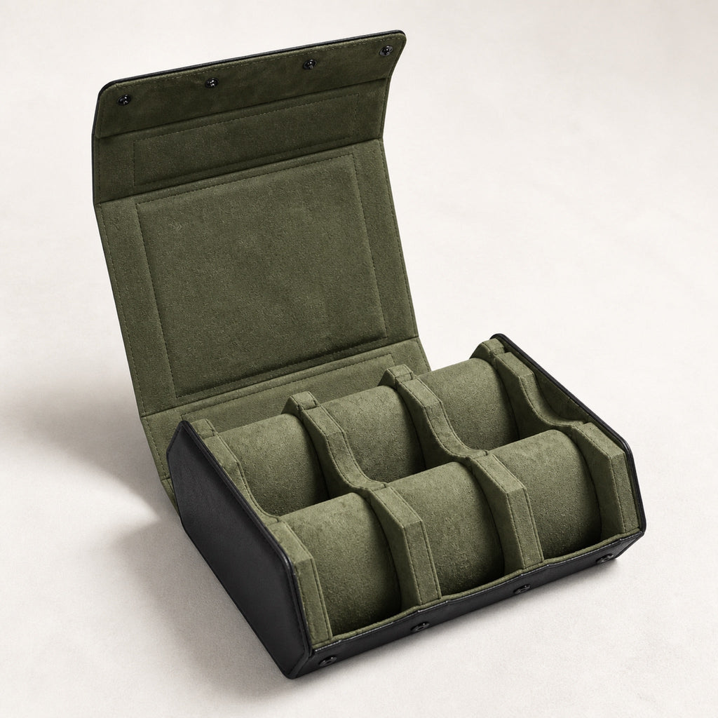 Étui de voyage rigide six montres — extérieur noir et intérieur vert olive — Maison Noirmont