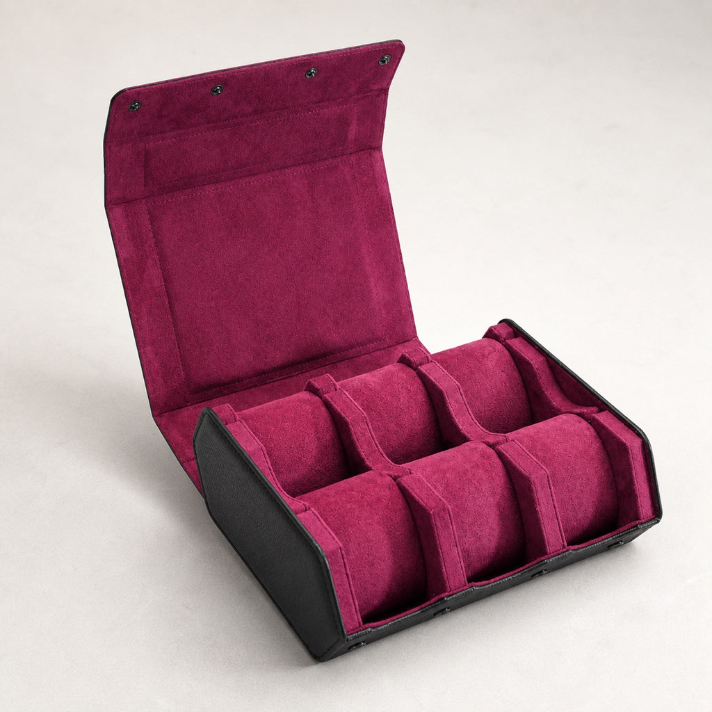 Étui de voyage rigide six montres — extérieur noir et intérieur prune — Maison Noirmont