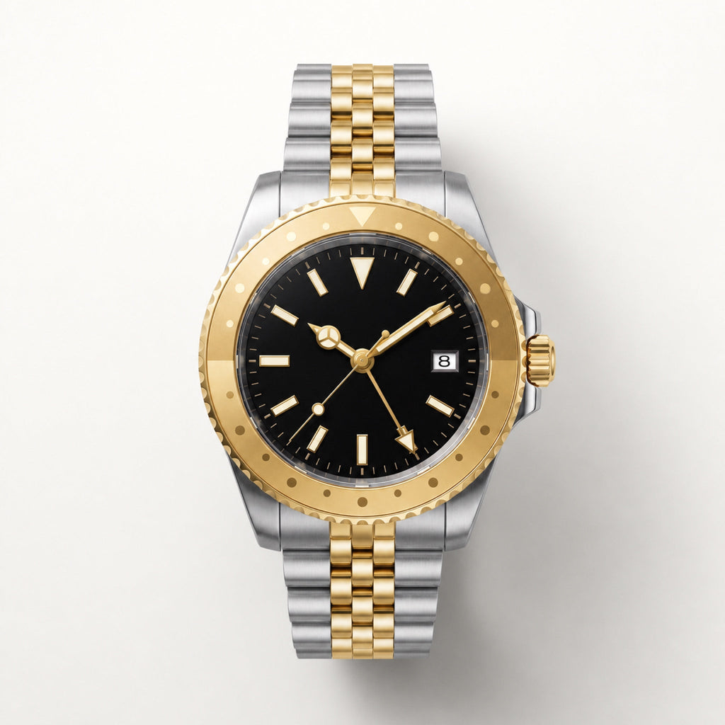 Voyageur Bicolore — GMT automatique, cadran noir et bracelet acier et or cinq maillons — Maison Noirmont