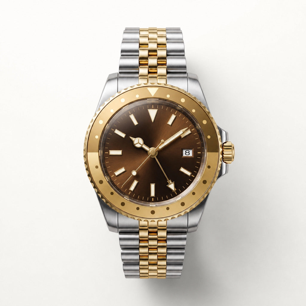 Voyageur Bicolore cadran brun — GMT automatique, lunette graduée 24 heures et bracelet bicolore — Maison Noirmont