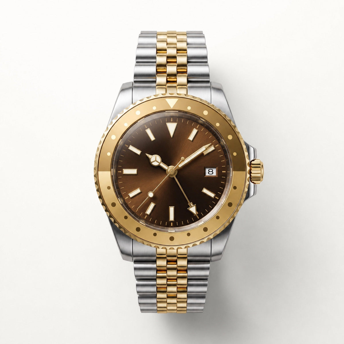Voyageur Bicolore cadran brun — GMT automatique, lunette graduée 24 heures et bracelet bicolore — Maison Noirmont