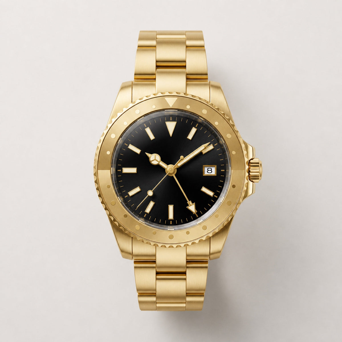 Voyageur Or — GMT automatique, cadran noir et bracelet doré trois maillons — Maison Noirmont