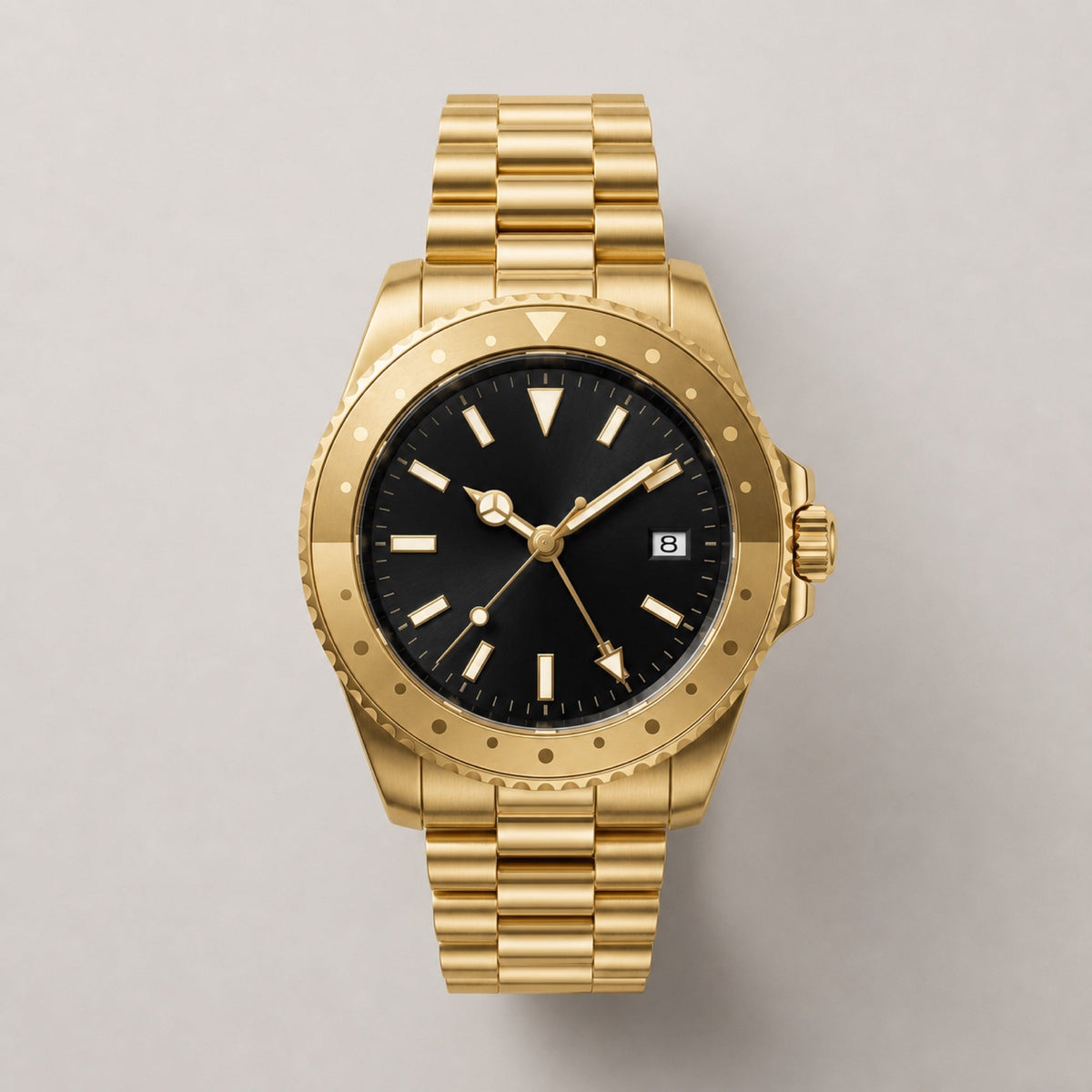 Voyageur Or — GMT automatique, cadran noir et bracelet doré à maillons arrondis — Maison Noirmont
