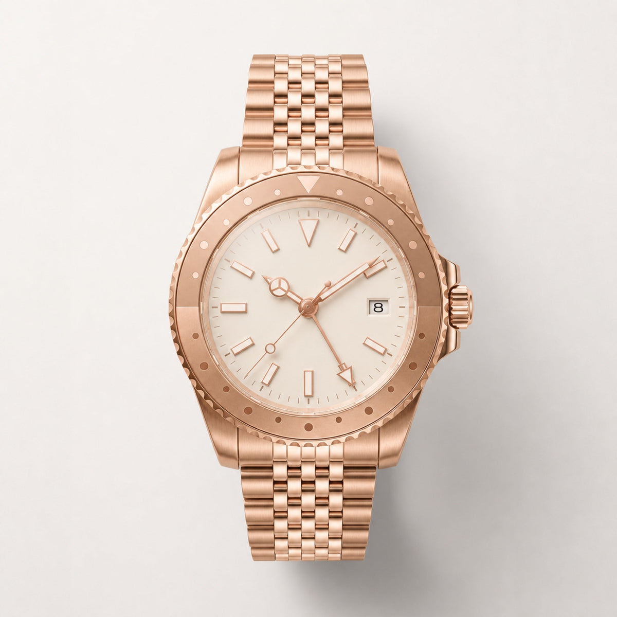 Voyageur Or rose — GMT automatique, cadran crème et bracelet or rose cinq maillons — Maison Noirmont