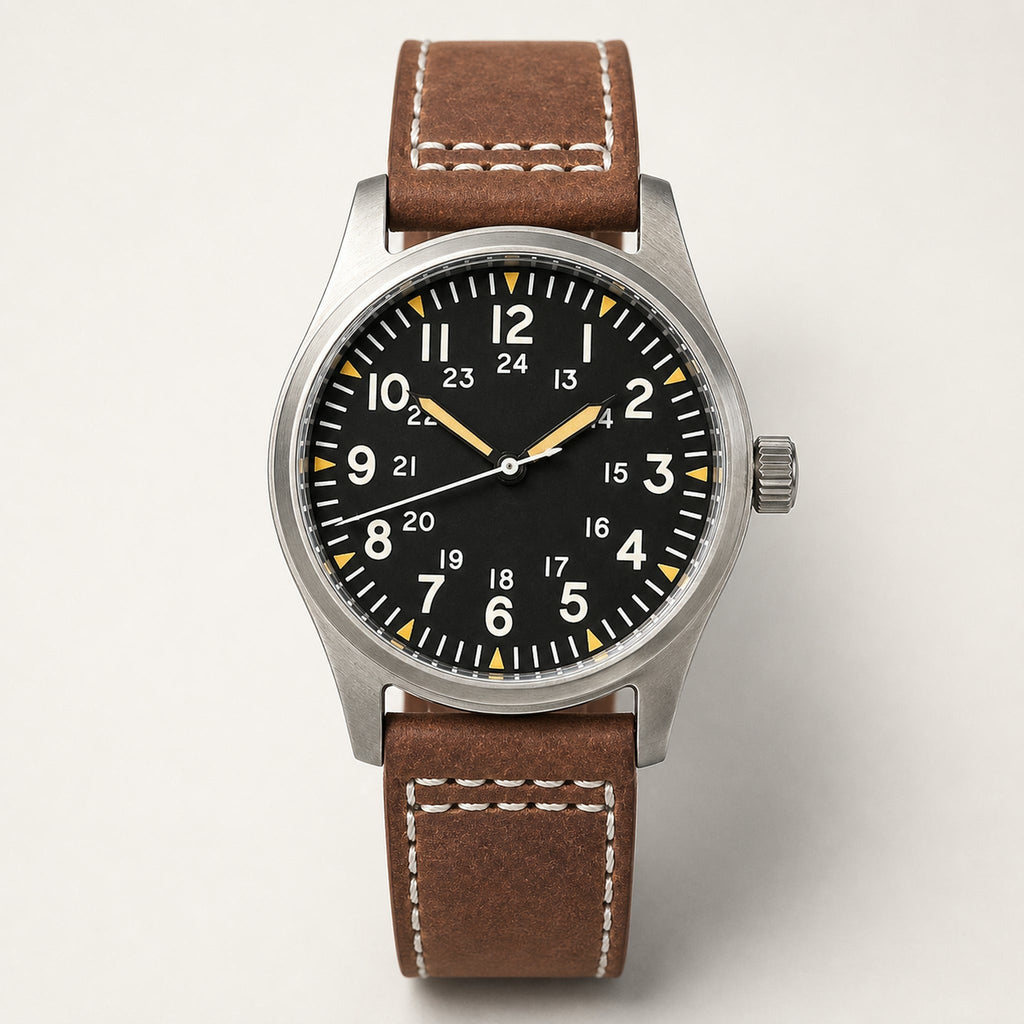 Montre field Éclaireur Acier, cadran noir à double échelle et bracelet brun — Maison Noirmont