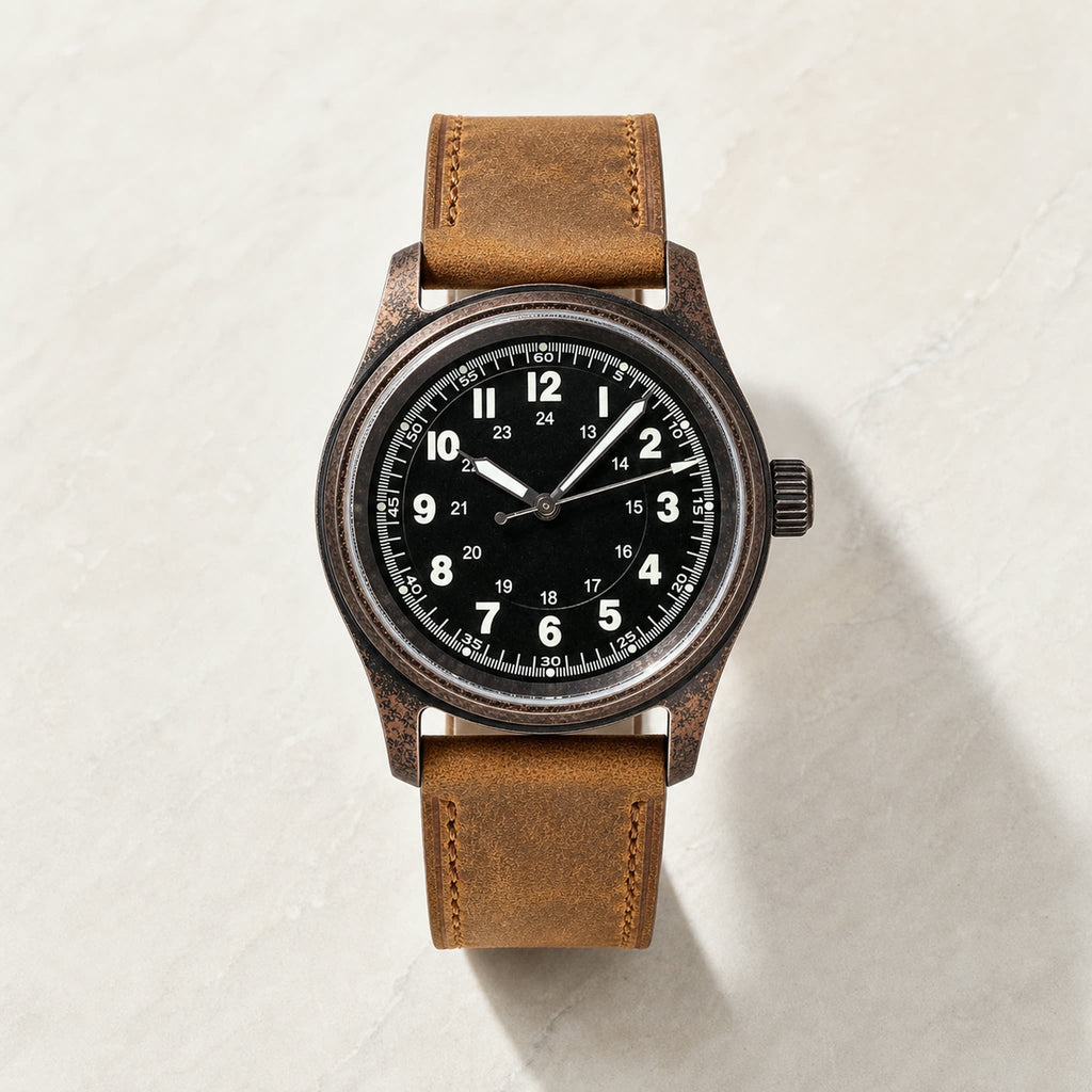 Montre field Éclaireur Bronze, cadran noir à double échelle et bracelet brun — Maison Noirmont