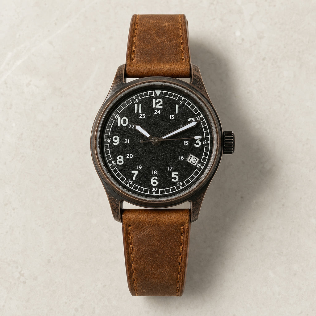 Montre field Éclaireur Bronze, cadran noir stérile et bracelet brun — Maison Noirmont