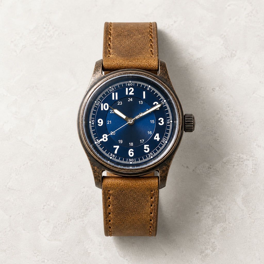 Montre field Éclaireur Bronze, cadran bleu à chiffres blancs et bracelet brun — Maison Noirmont