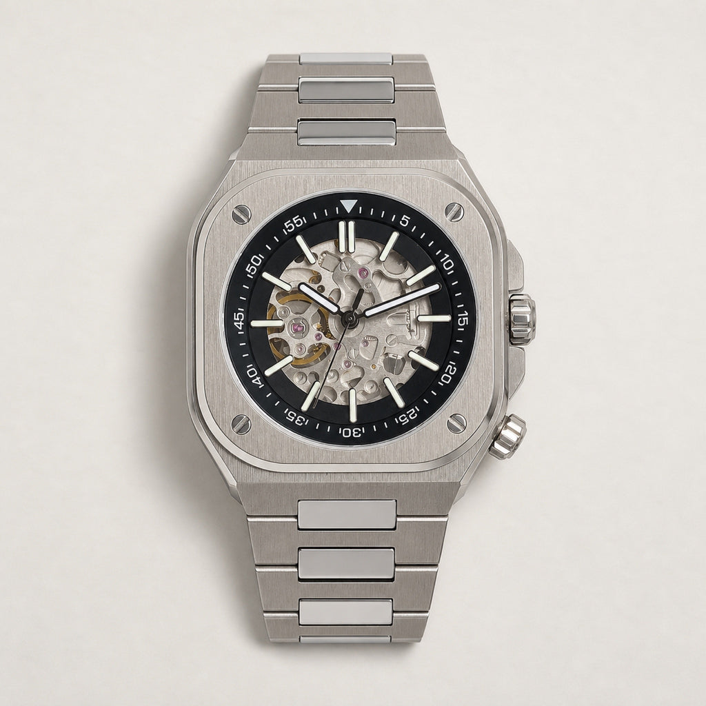 Squelette Carré noir — montre automatique NH70 — vue Maison Noirmont