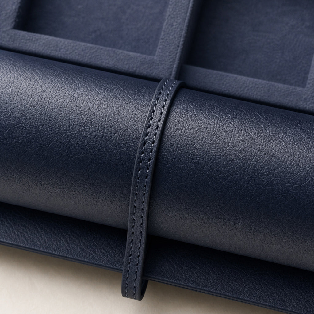 Rouleau de Voyage Bleu marine — cuir — macro — Maison Noirmont