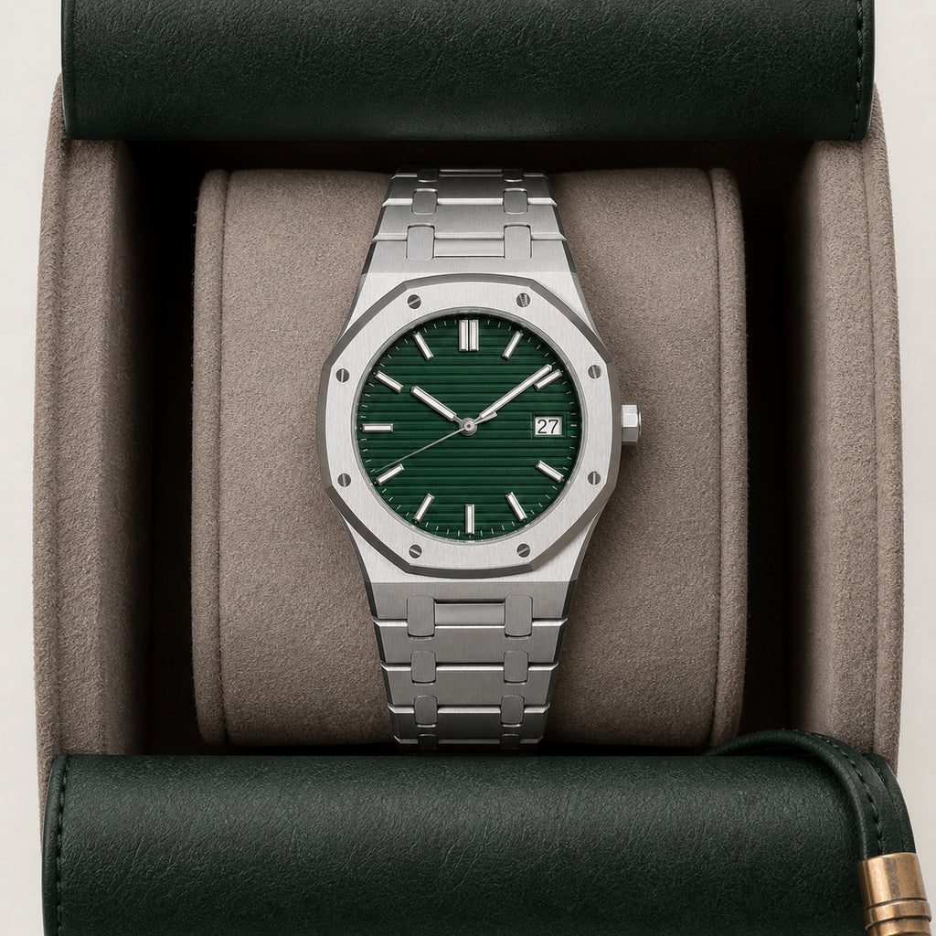 Rouleau de Voyage Vert — rouleau en cuir vert ouvert, une montre logée dans son alvéole doublée — Maison Noirmont