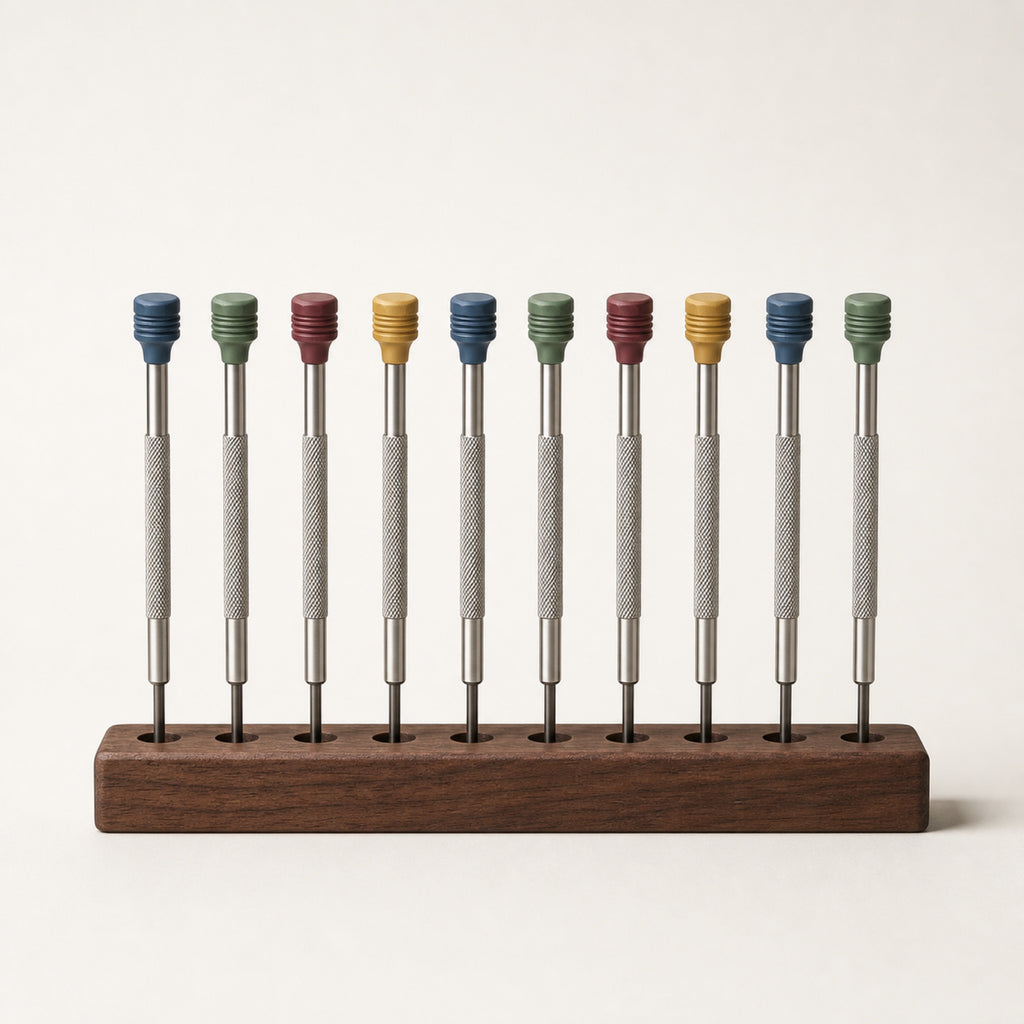 Set de tournevis d'horloger — 10 pièces — Manche annelé · tête colorée — Maison Noirmont