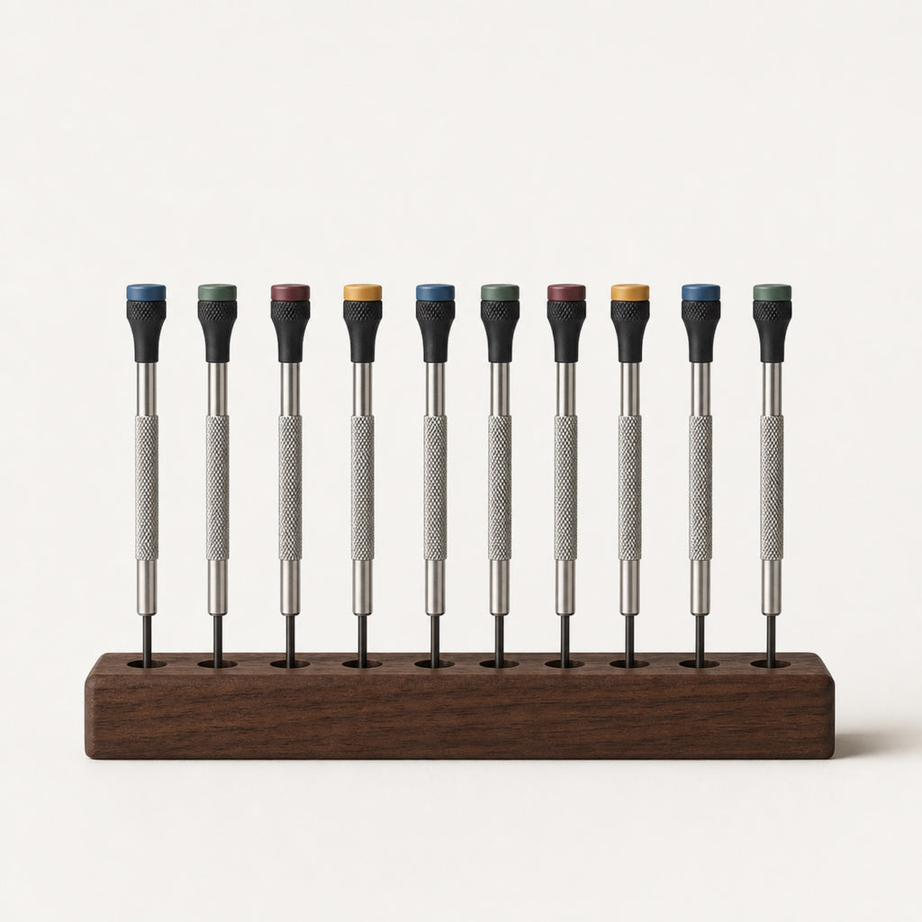 Set de tournevis d'horloger — 10 pièces — Manche noir · tête colorée — Maison Noirmont