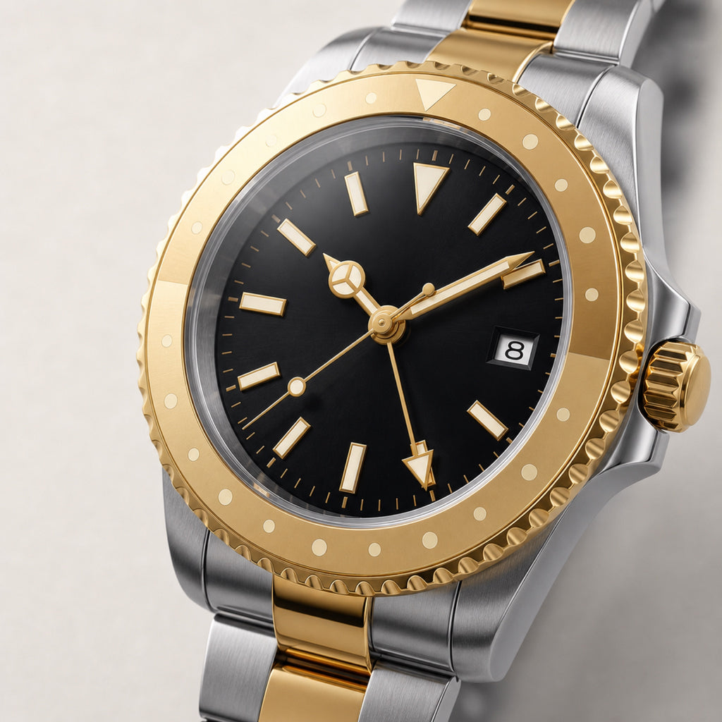 Voyageur Bicolore — GMT bracelet 3 maillons — macro — Maison Noirmont