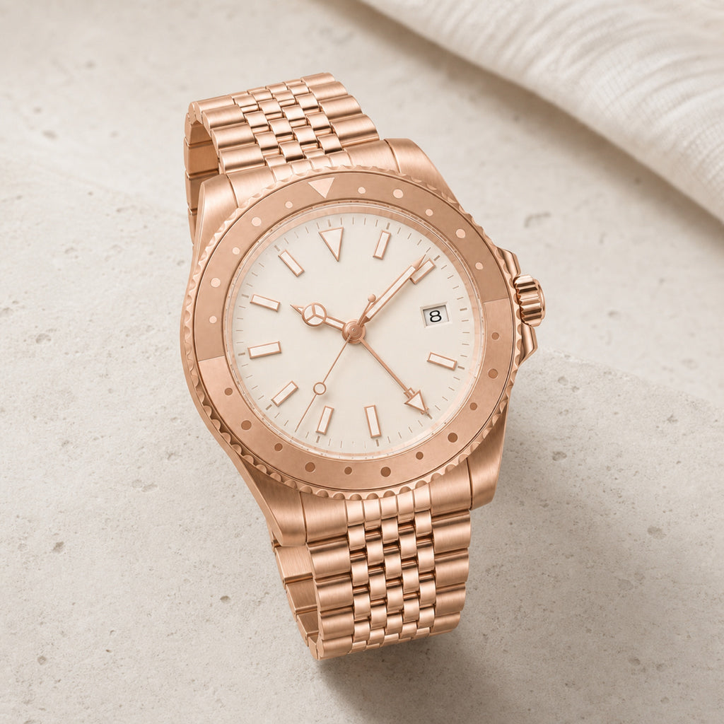 Voyageur Or rose — GMT bracelet 5 maillons — en situation — Maison Noirmont