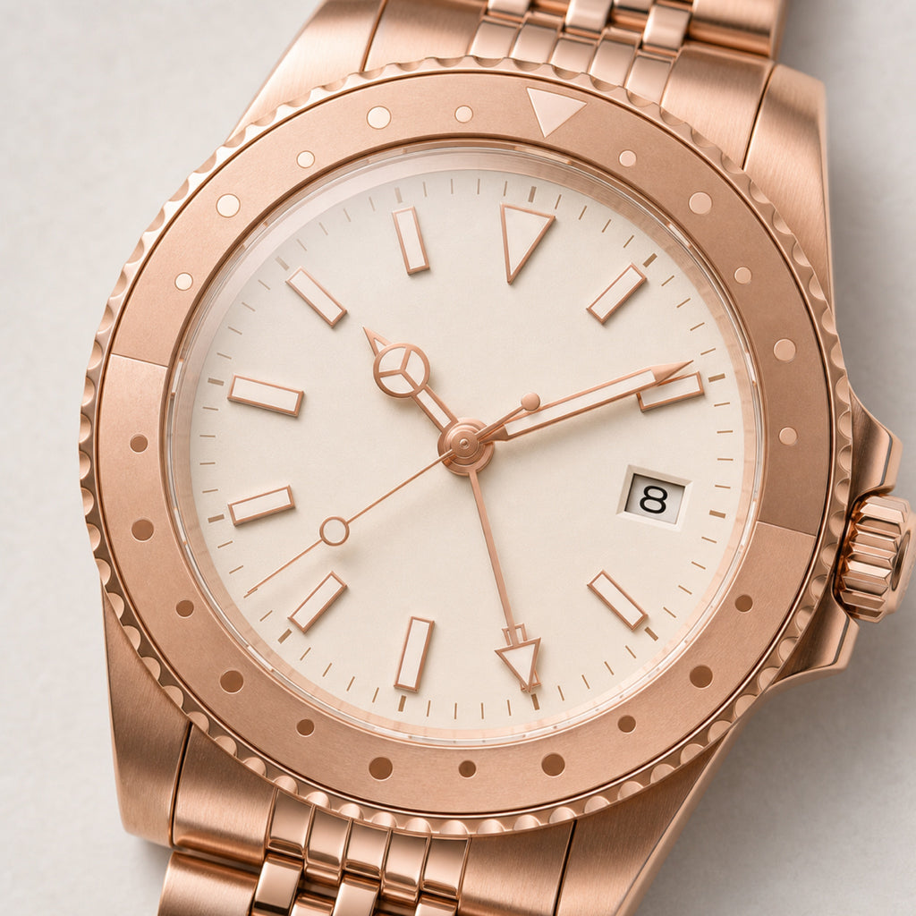 Voyageur Or rose — GMT bracelet 5 maillons — macro — Maison Noirmont