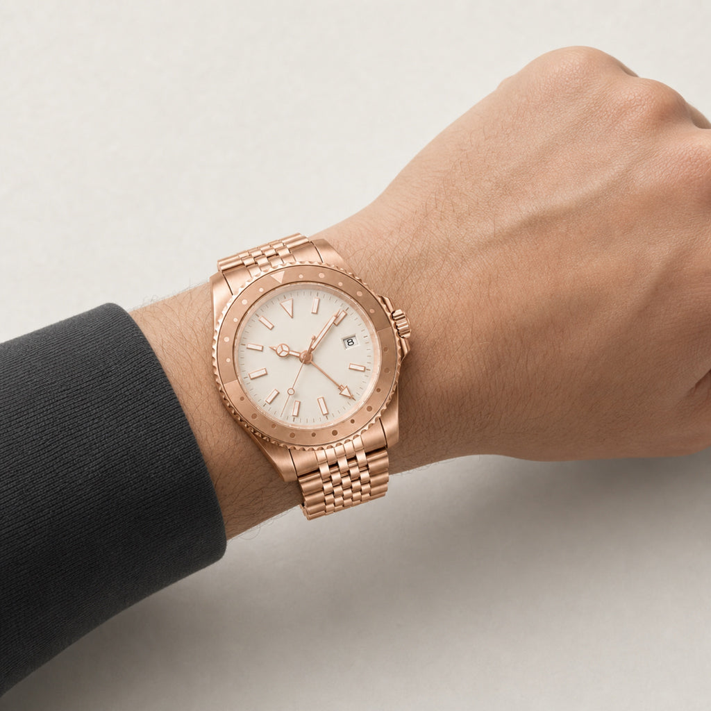 Voyageur Or rose — GMT bracelet 5 maillons — au poignet — Maison Noirmont